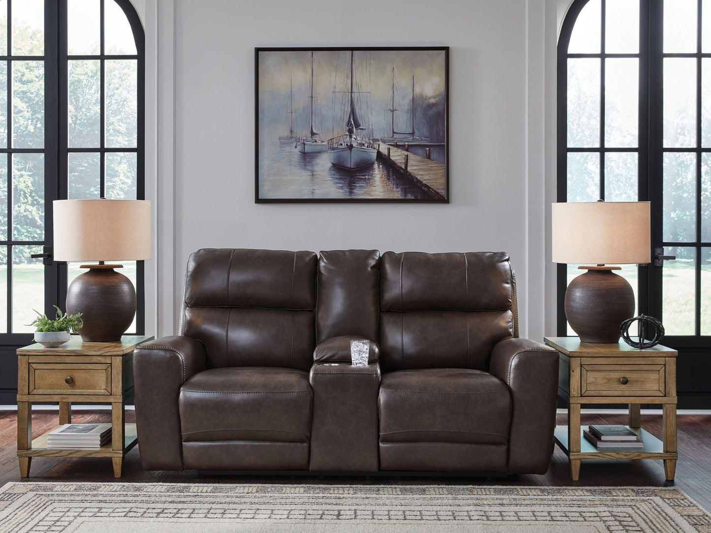 Crossplex - Smoke - Power Reclining Loveseat / Console / Adjustable Headrest